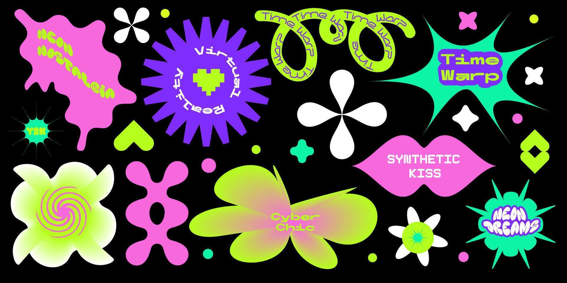 Typographic stickers set with Distorted geometric shapes and y2k quotes. Design elements with typography and neon fluid elements. Rethinking the style of groovy and brutalism. illustration. vector