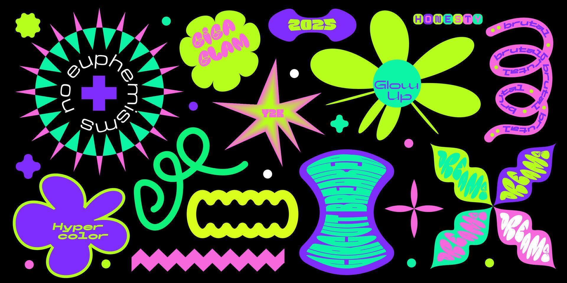 Set of colorful retro cyber chic stickers. Abstract shapes with text. Abstract geometric shapes. Back to 80s and 90s. Crooked Graphic element for website. Childish Cartoon collection isolated vector