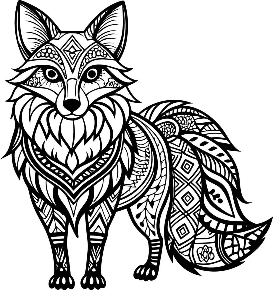Tribal Fox Outline Art with Boho Patterns, Black and White High Detail, Thin Line Art vector