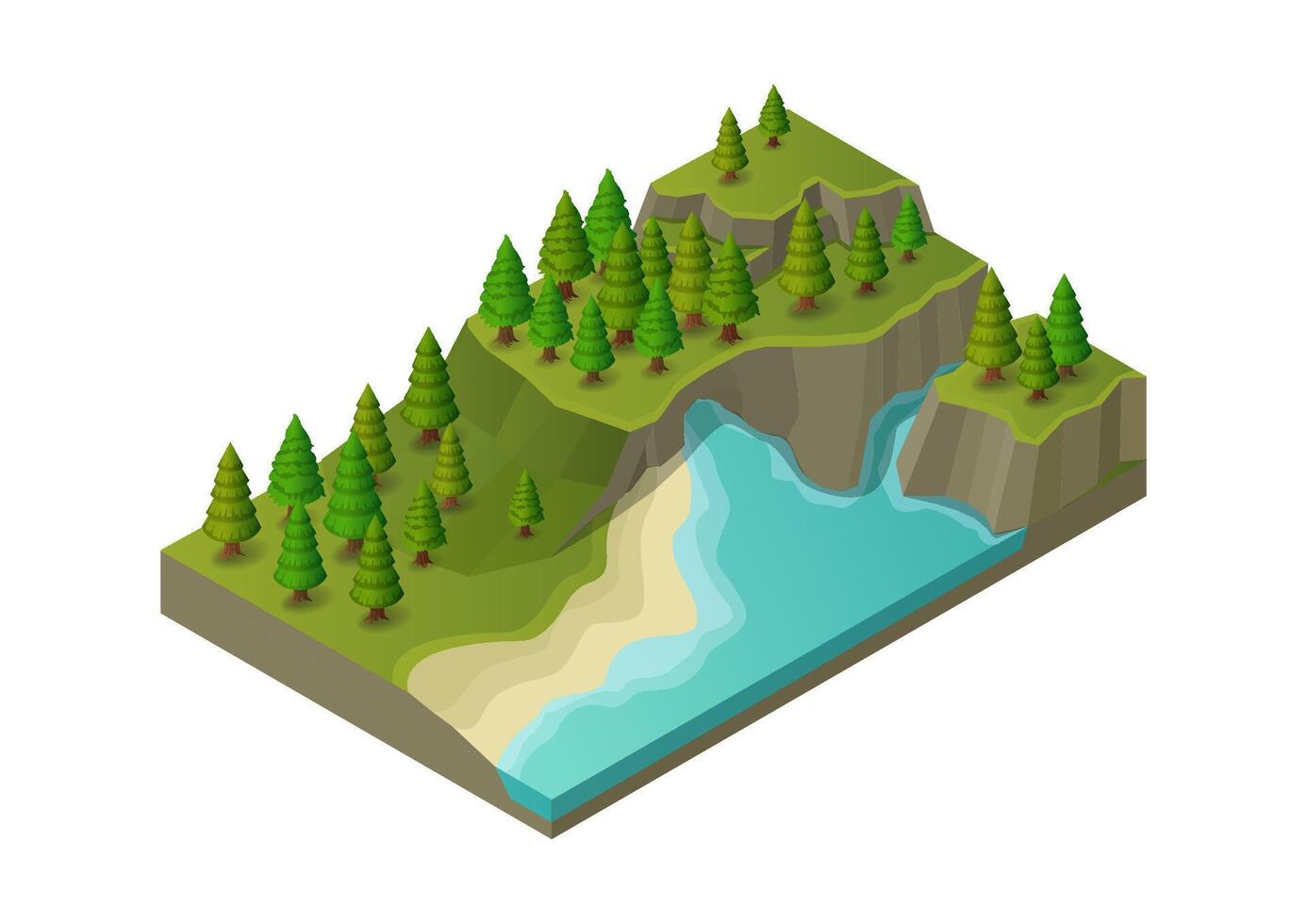 Isometric river with pines forest. vector