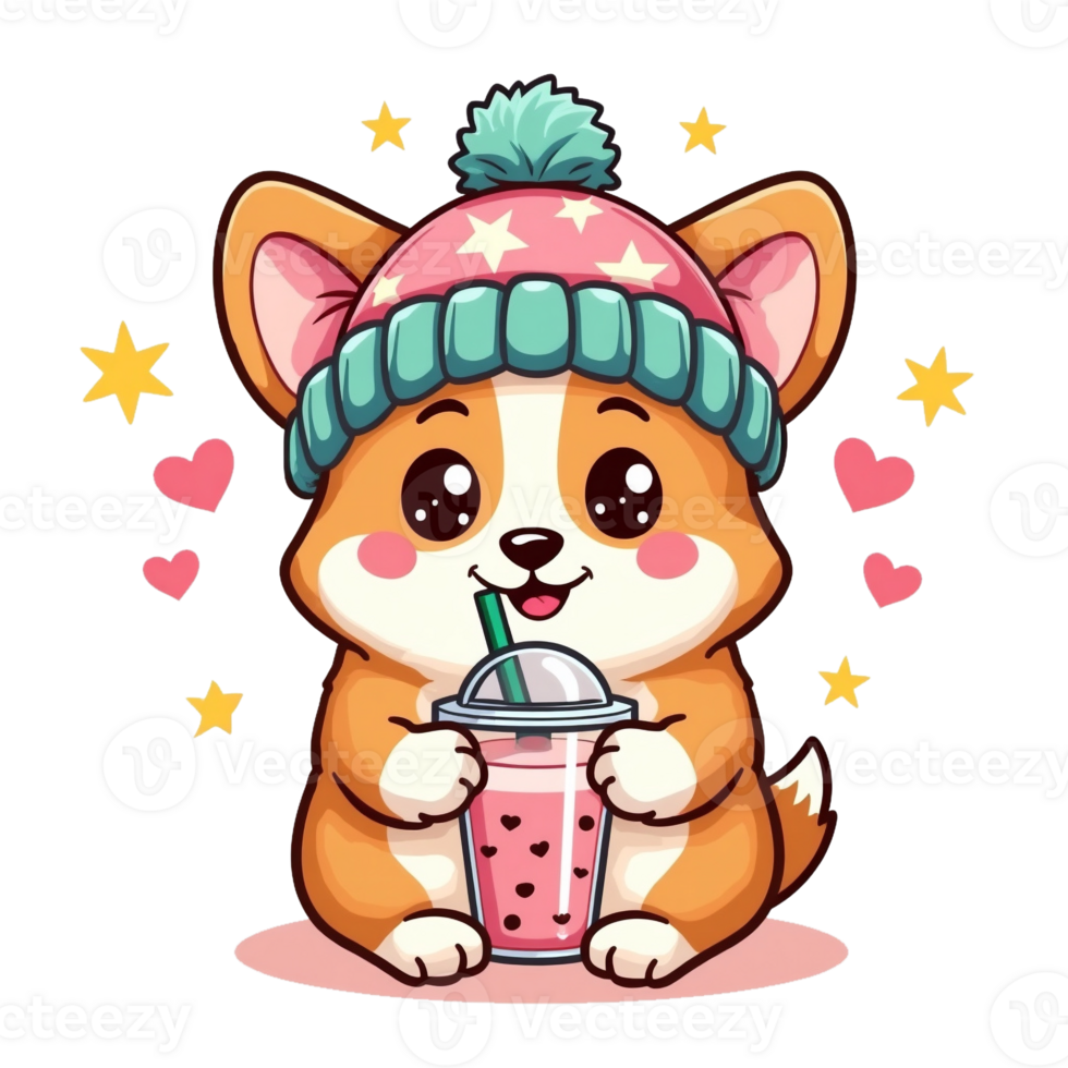 A corgi puppy wearing a blue and pink winter hat is enjoying a bubble tea drink. cutouts png