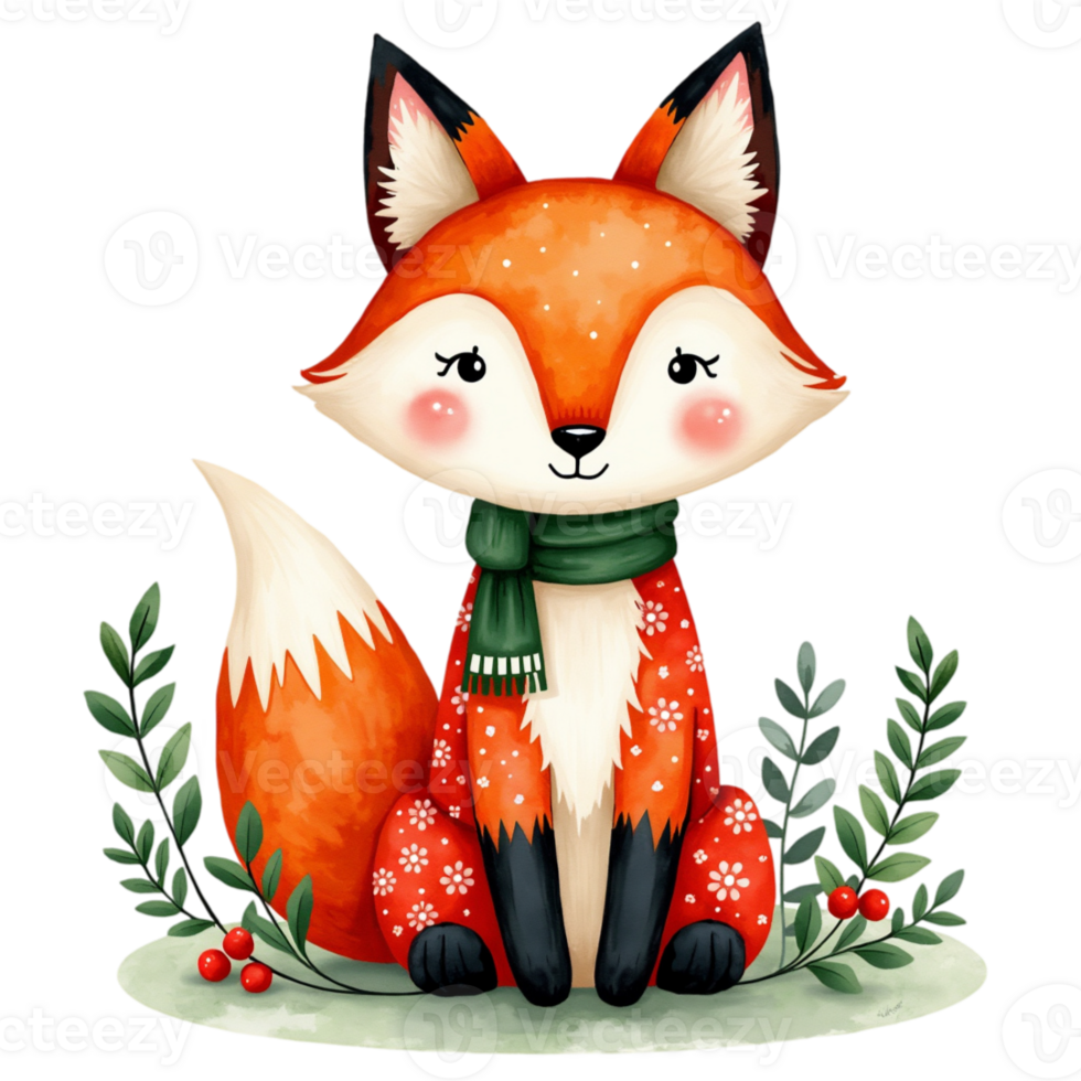 A cute, orange fox with a green scarf sits surrounded by small green plants and red berries. cutouts png