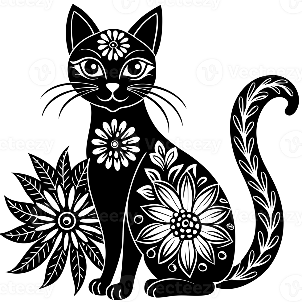 A black cat silhouette with floral patterns, cutouts png