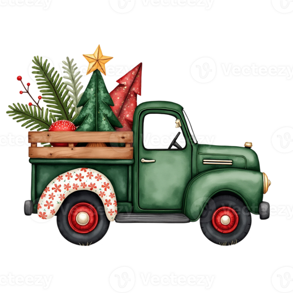 A christmas, vintage truck decorated in red and green plaid carries a bundle of evergreen branches cutouts png