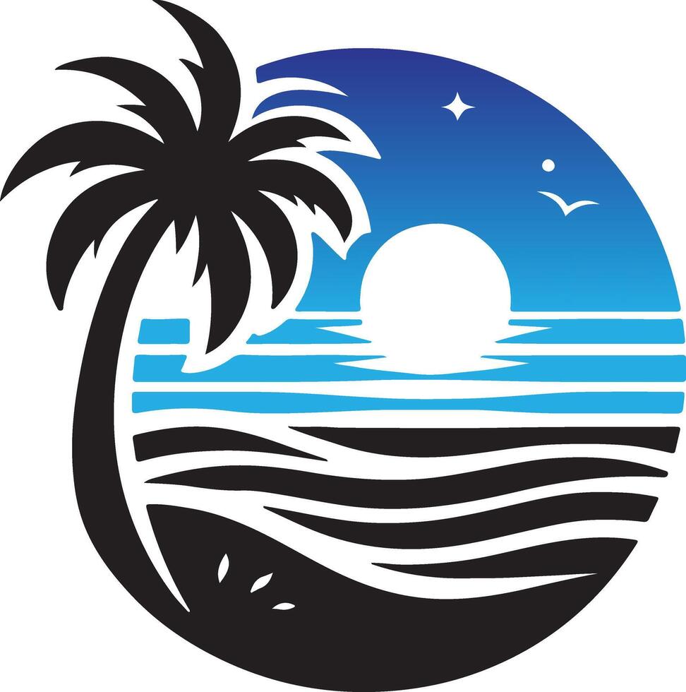 Sea beach logo art, colorful water blue icon with silouette. vector