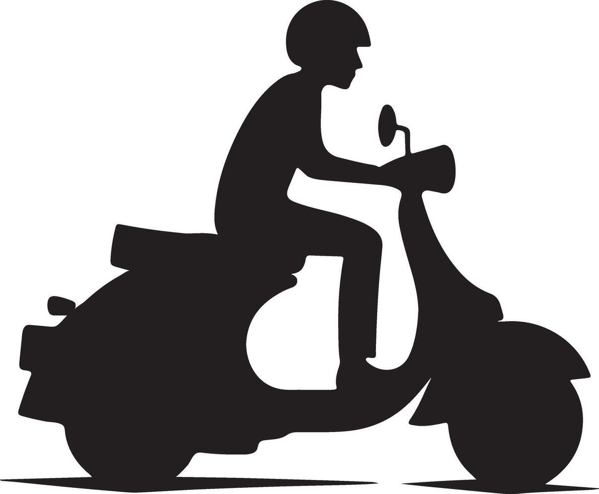 A young man driving scotty silhouette art and scooter icon on a road. vector