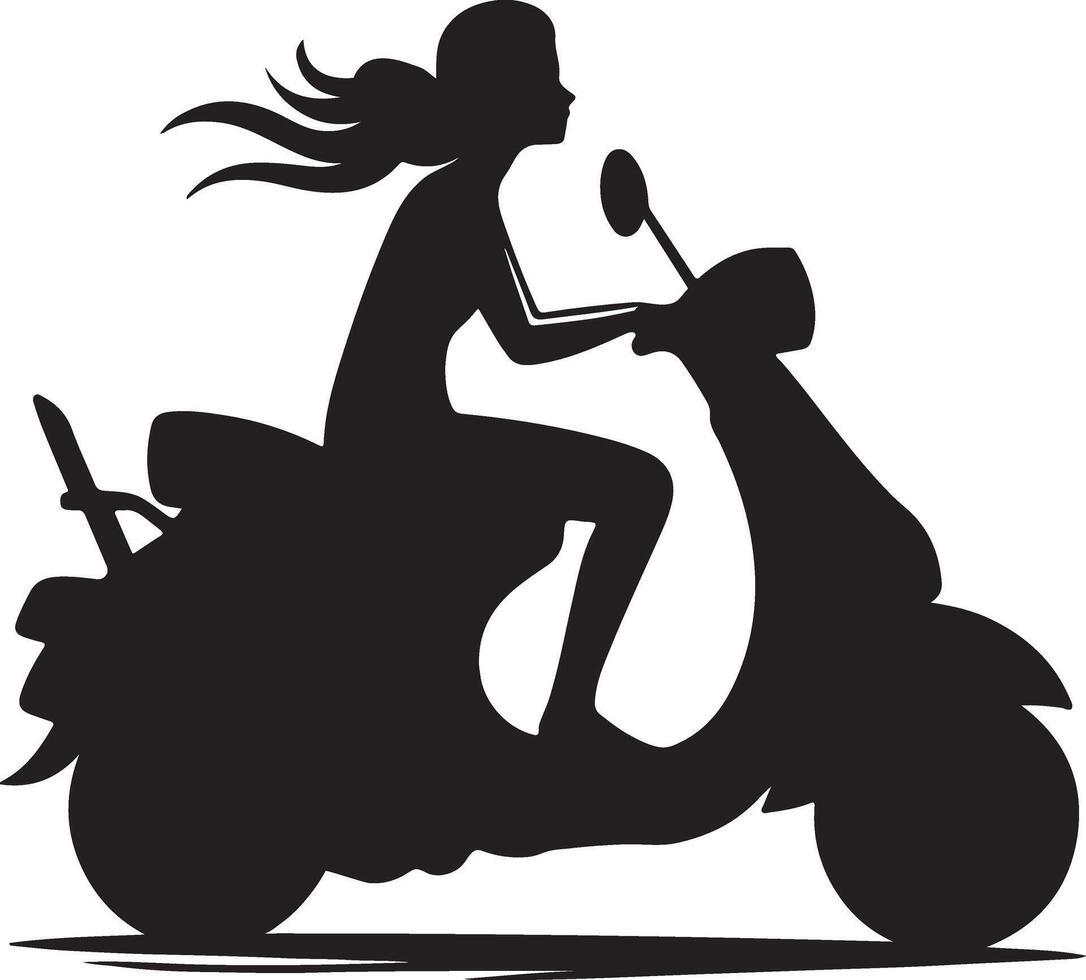 Young lady driving scotty silhouette art on a road, ellectric modern scooter icon. vector