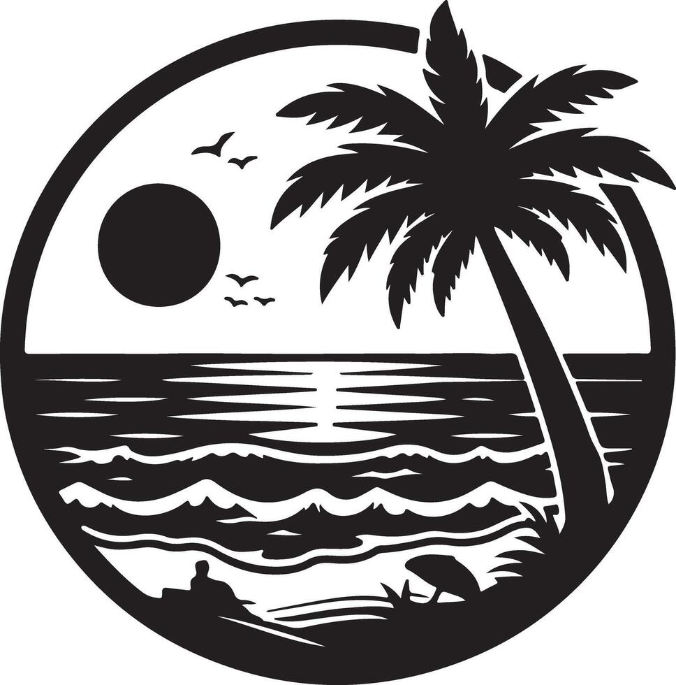 Sea beach on the sun rise silhouette art and logo design with icon frame. vector