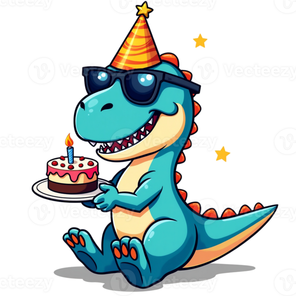 A cheerful dinosaur wearing a party hat and sunglasses stands beside a colorful birthday cake adorned with lit candles. png