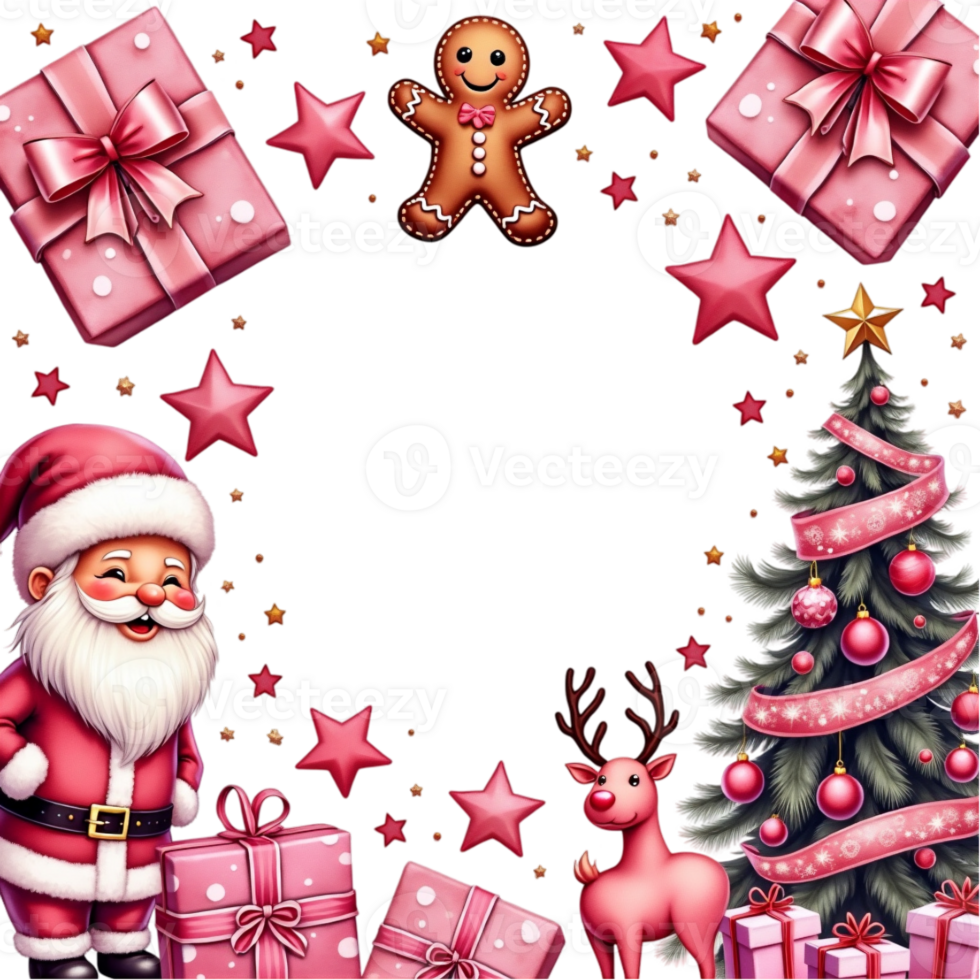 A festive border features Christmas elements such as a gingerbread man, gifts wrapped with pink ribbons, a Christmas tree adorned with pink decorations, png