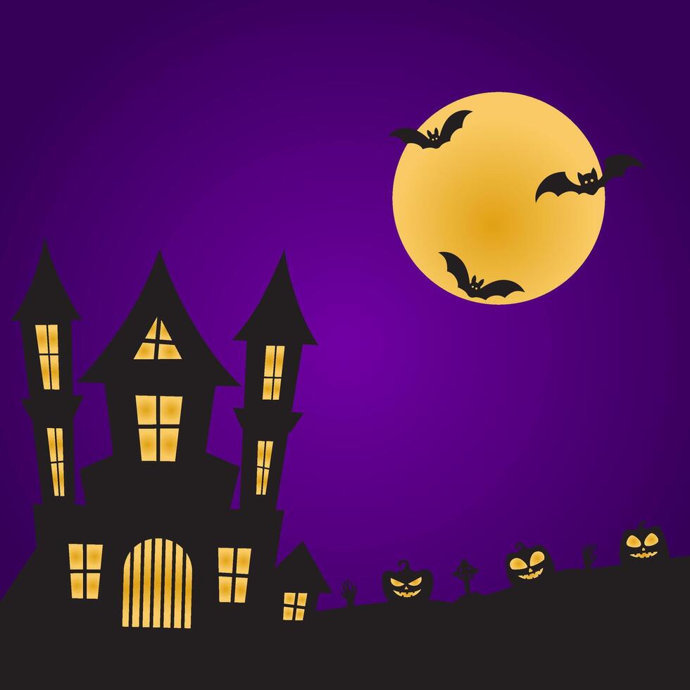 Halloween gradient template with haunted house and pumpkin on purple night background vector