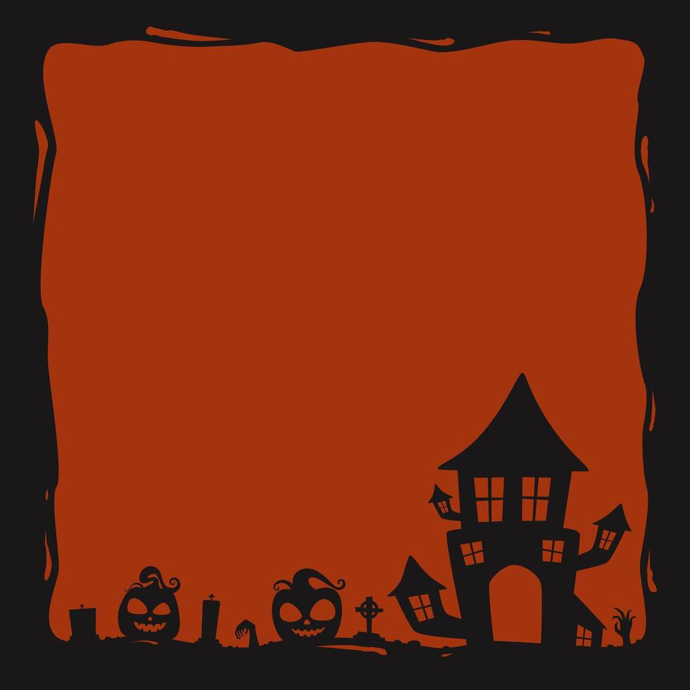 Halloween silhouette template frame on dark orange background with haunted house, pumpkin, monster hand, and tombstone vector