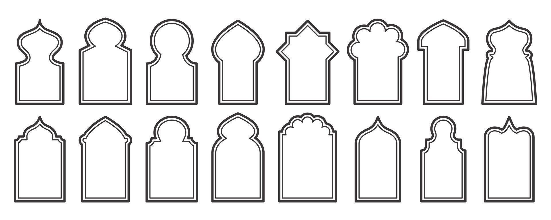 Ramadan frame shapes set. Door and windows arch with Islamic design. Muslin oriental gate. Indian vintage arcs with traditional ornament. Architecture elements and stickers vector