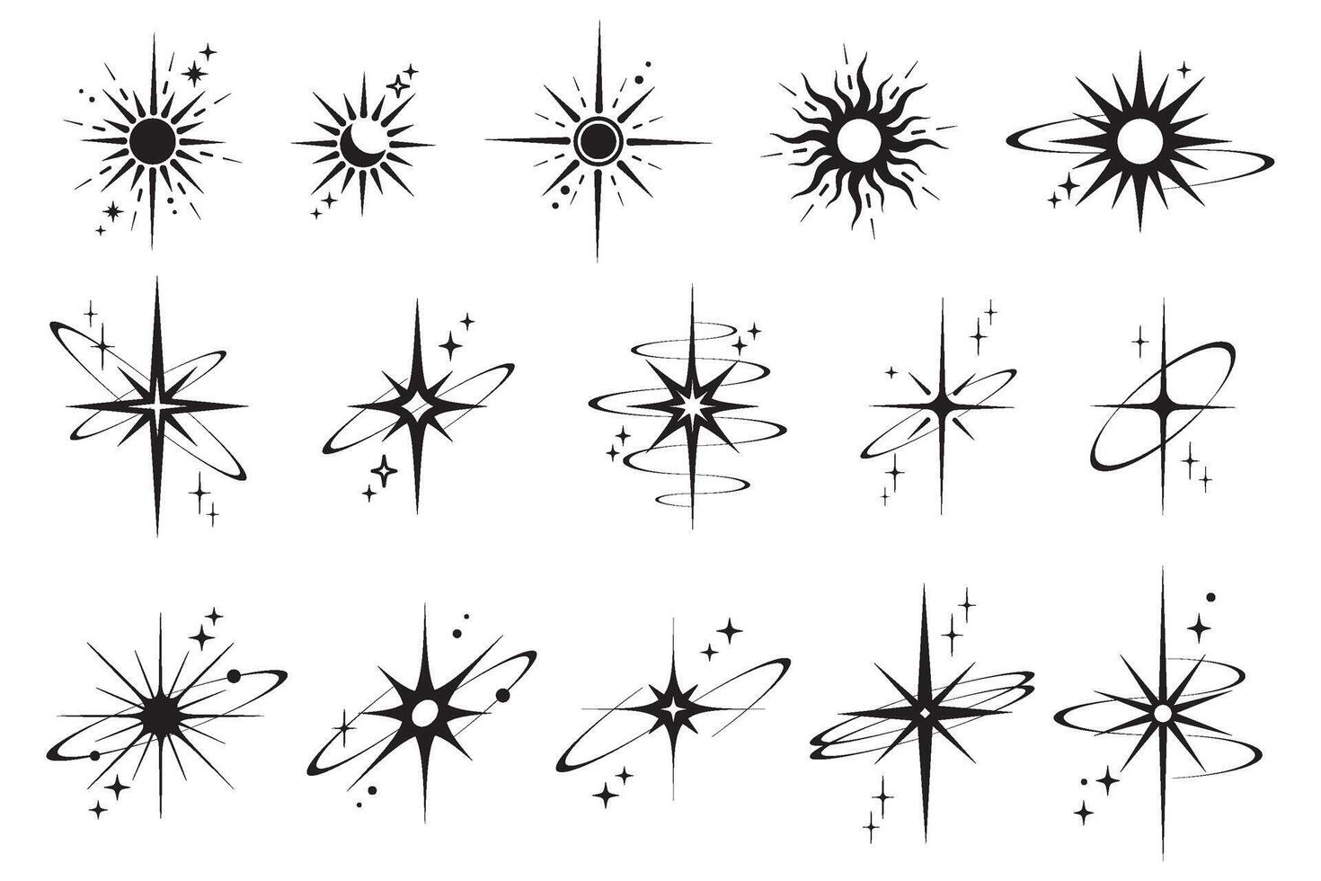 Line icons of stars. Y2k shiny elements. Sparkles and glitter symbols. Retro graphic set of minimal figures. Magic black twinkles sun and moon with cosmic orbits on white background. vector