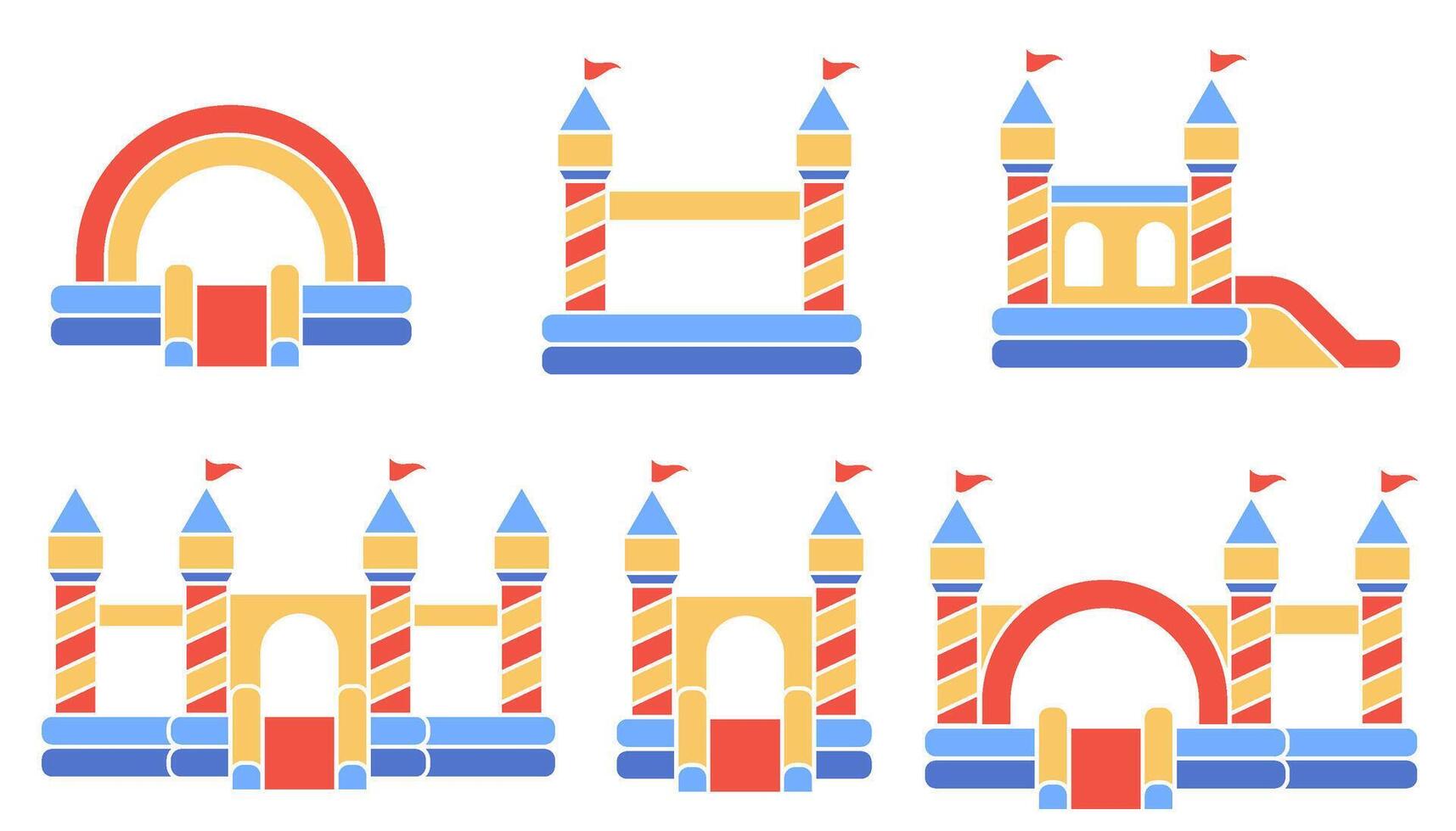 Bouncy castle color icons set. Inflatable house trampoline with slide for jumping. Playground pictograms for kids zone amusement park and summer party. Inflated elastic equipment vector