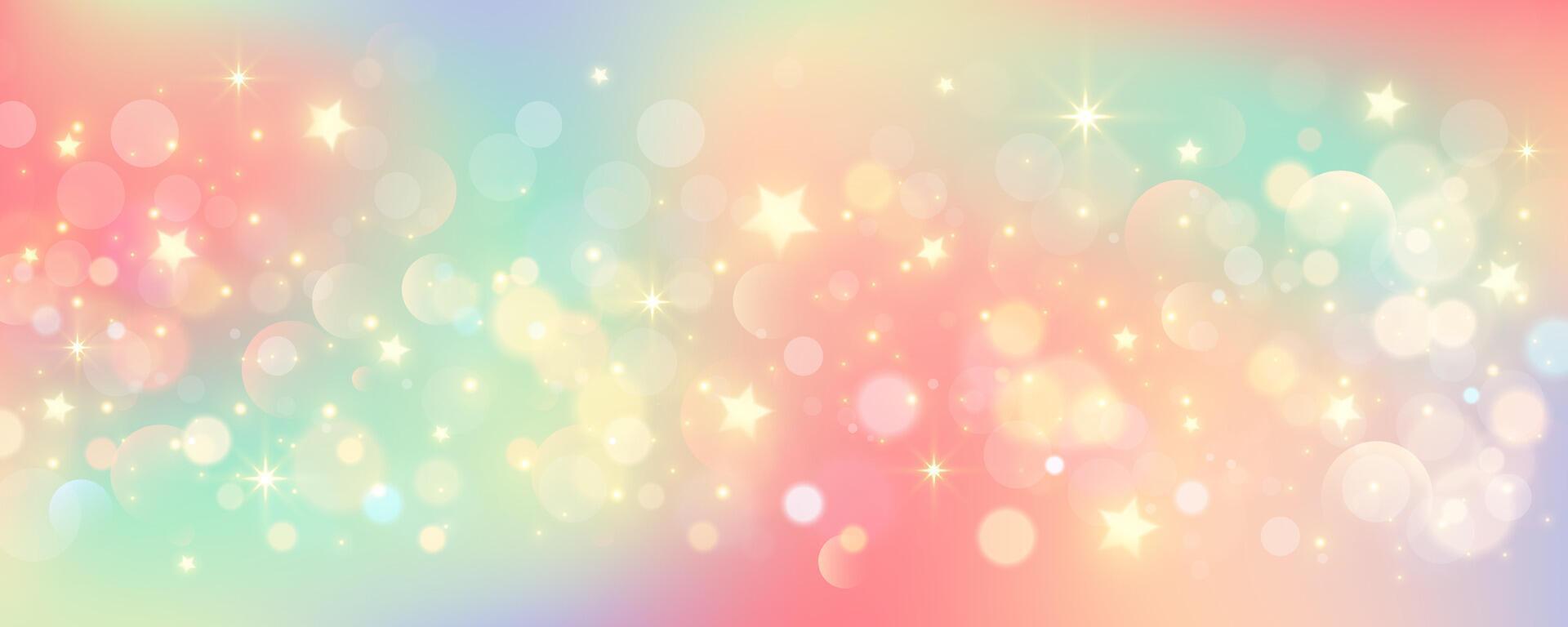 Rainbow unicorn pastel background with glitter stars. Pink fantasy sky. Holographic space with bokeh. Fairy iridescent gradient backdrop. vector