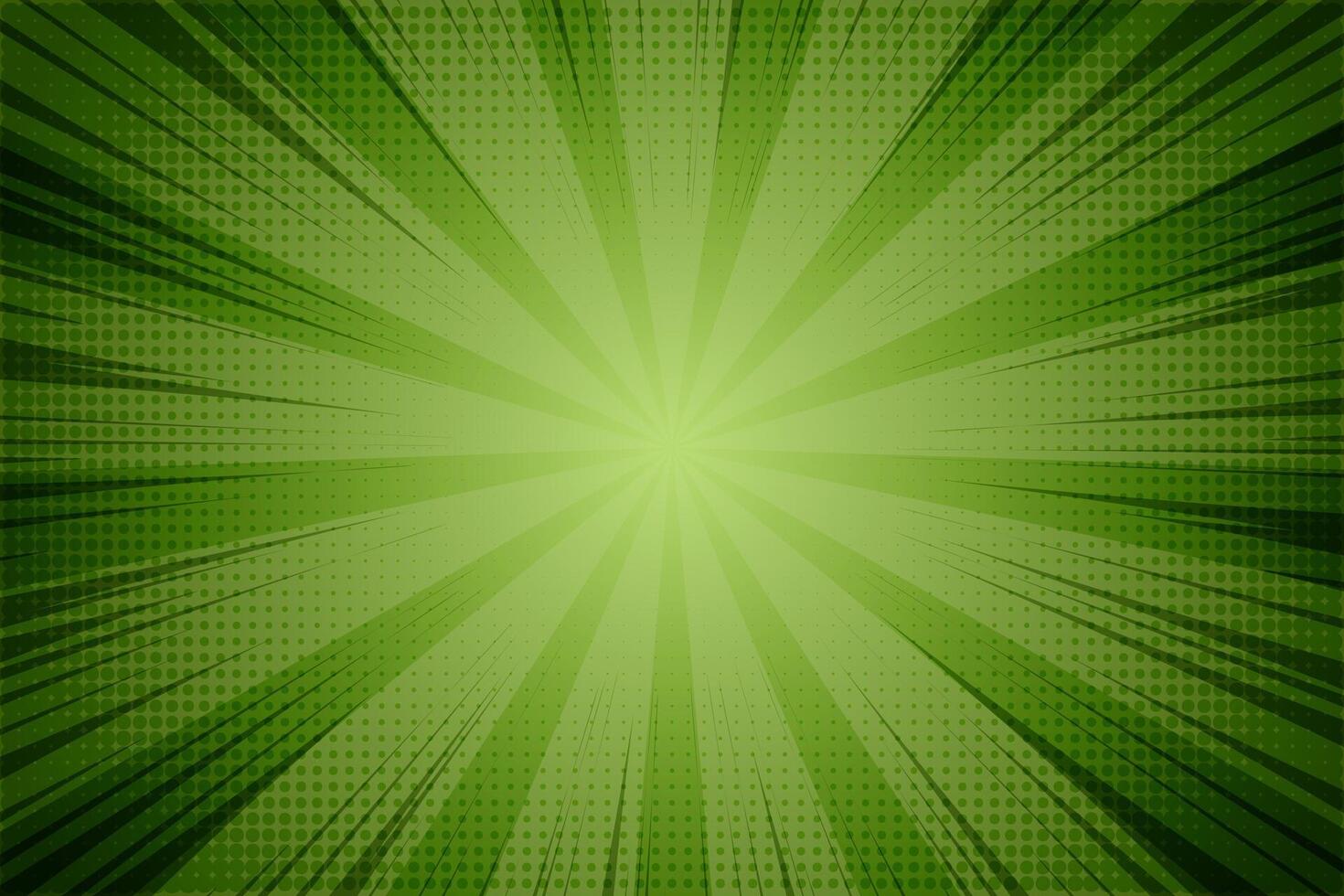 Starburst cartoon comic background. Pop art pattern with radial rays effect. Sun light green wallpaper with halftone. Abstract anime explosion. Vintage manga backdrop vector