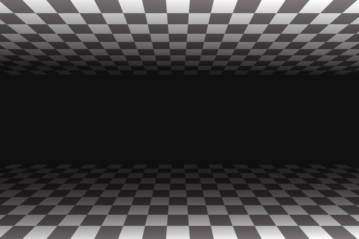 Perspective chess floor. White and black checkered pattern room. 3D tiled floor. Abstract surreal space isometric illustration. Endless tunnel, futuristic monochrome wallpaper vector