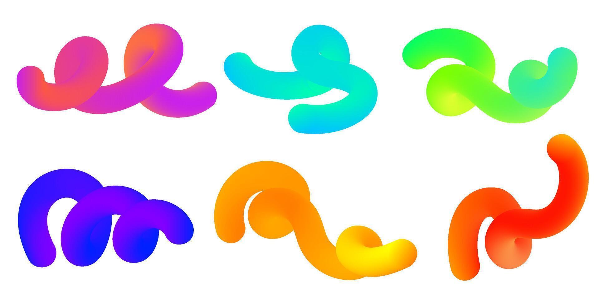3D abstract liquid shapes with fluid gradient on white background. Colored graphic swirl elements set. Spiral curved creative bright objects for trendy poster and banner design. vector
