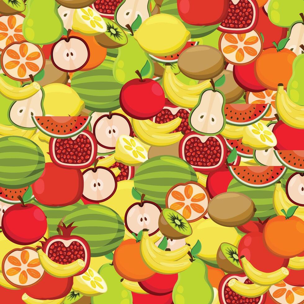 A set of juicy ripe fruits and slices. Apple, kiwi, pear, watermelon, orange, banana, pomegranate, lemon. vector