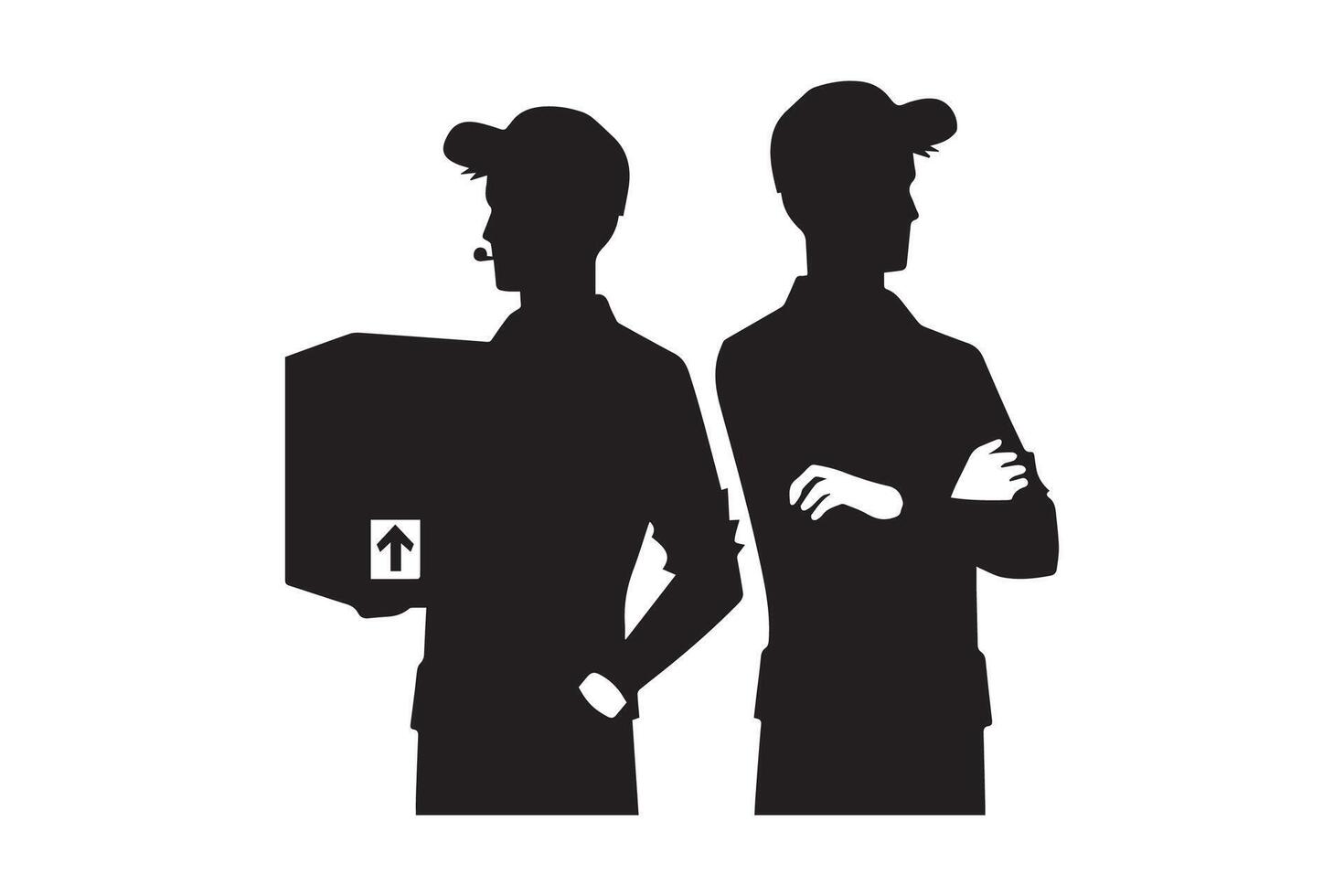 Two men in uniform holding boxes and a sign vector
