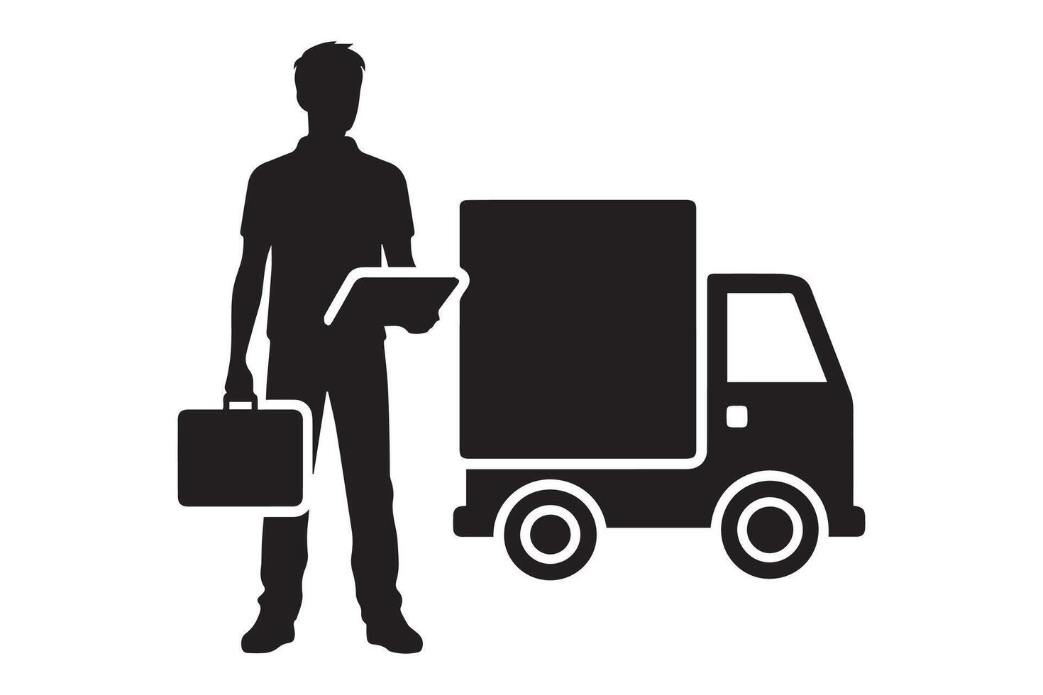 Delivery man with a briefcase and a truck icon vector