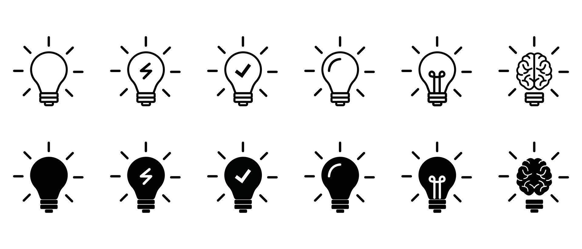 light bulb set icon on white background. Idea symbol. Electric lamp, light, innovation, solution, creative thinking, electricity. Outline and flat style. vector