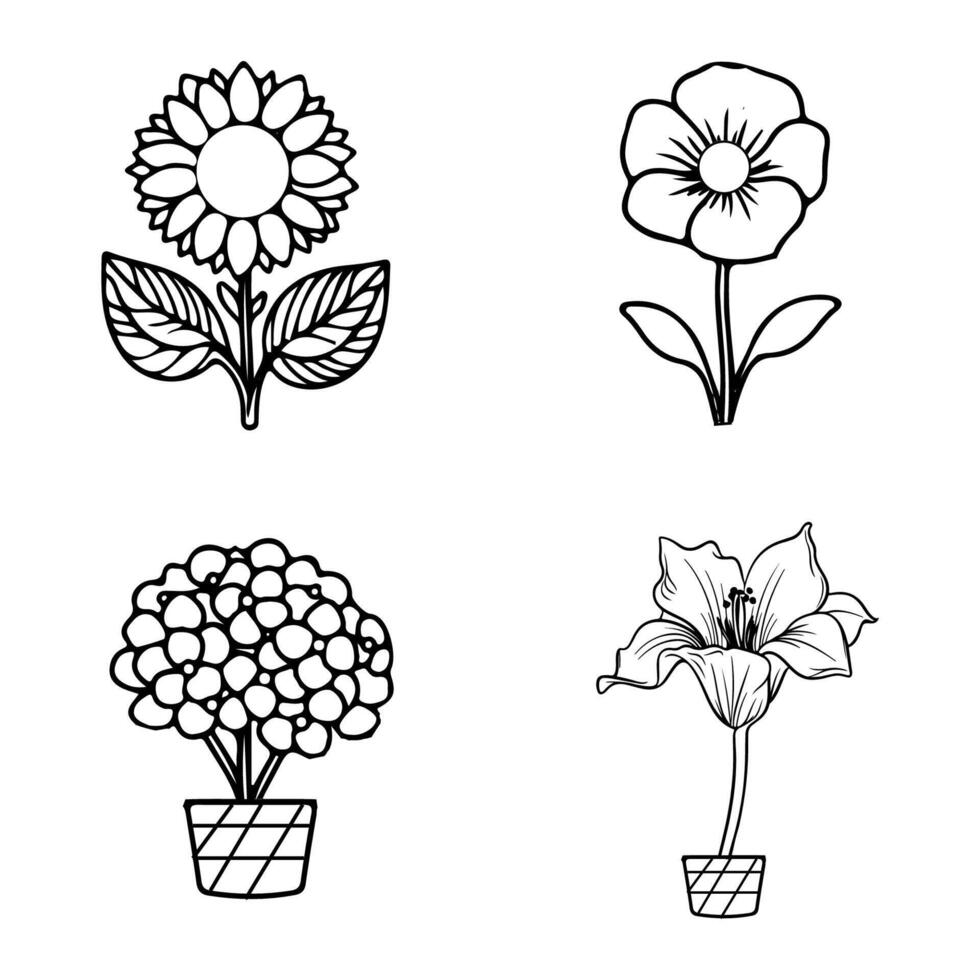 flower outline illustration coloring book page design set vector