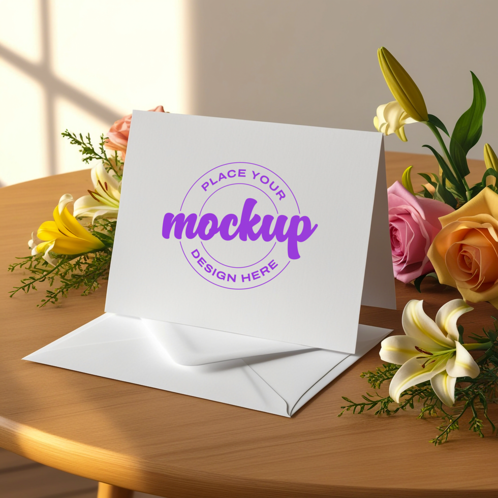 Greeting card mockup on a table with flowers psd