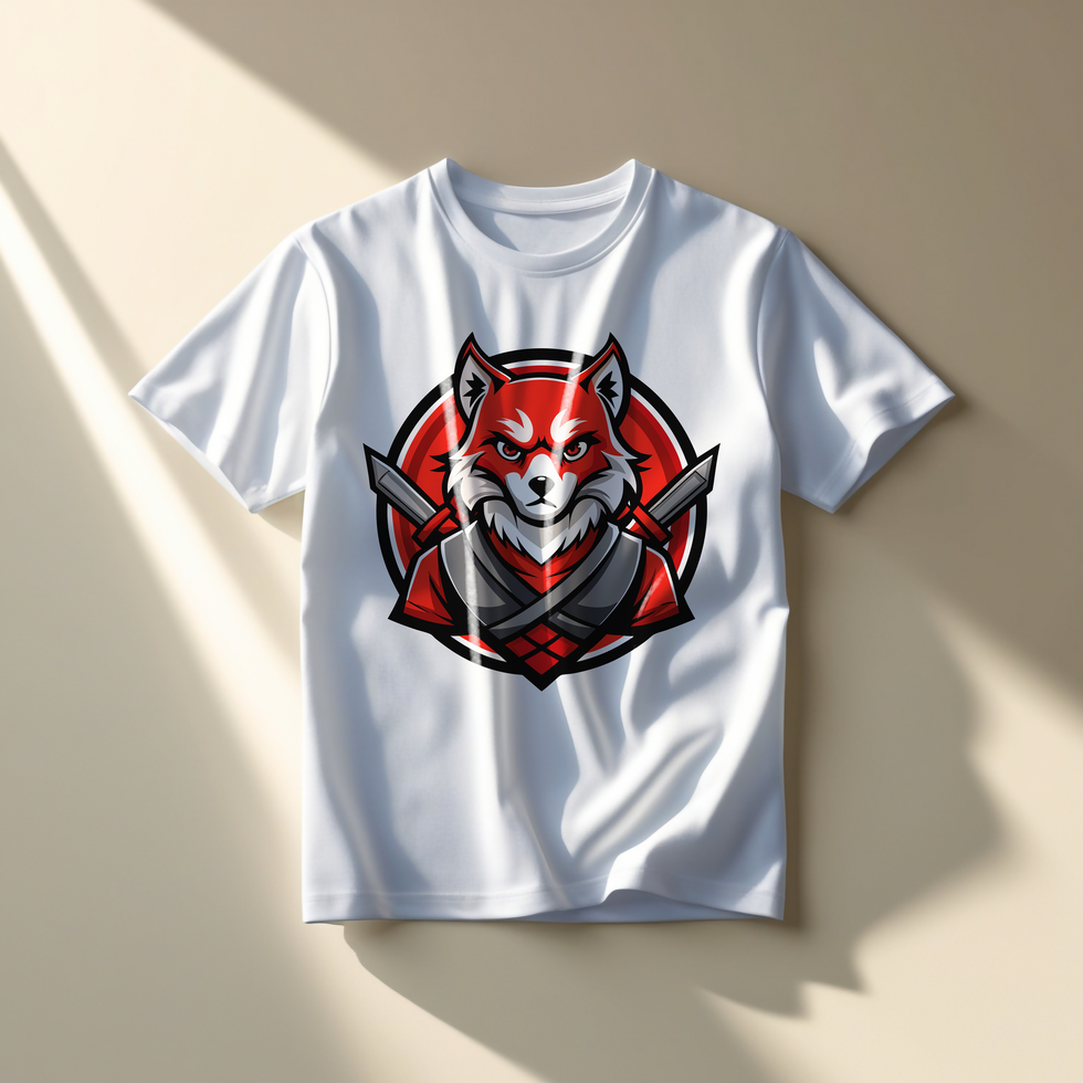 A white t - shirt with a red fox on it psd