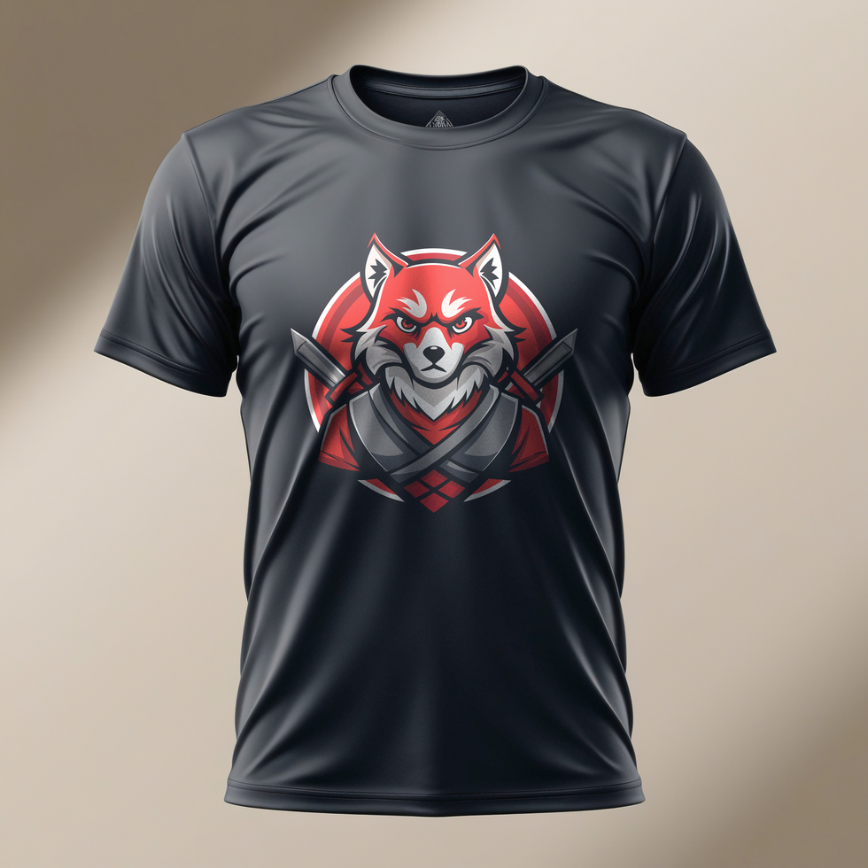 A black t - shirt with a red fox on it psd