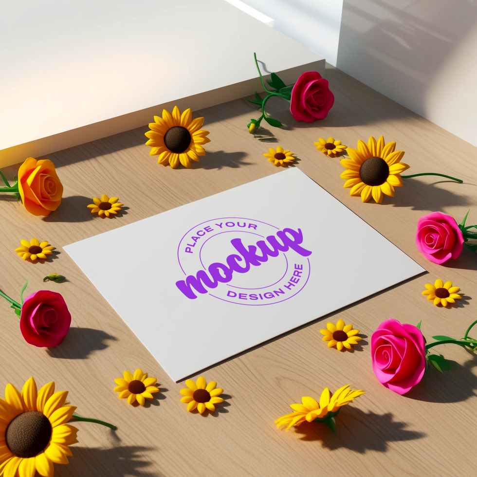 Flowers and a card mockup on a wooden table psd