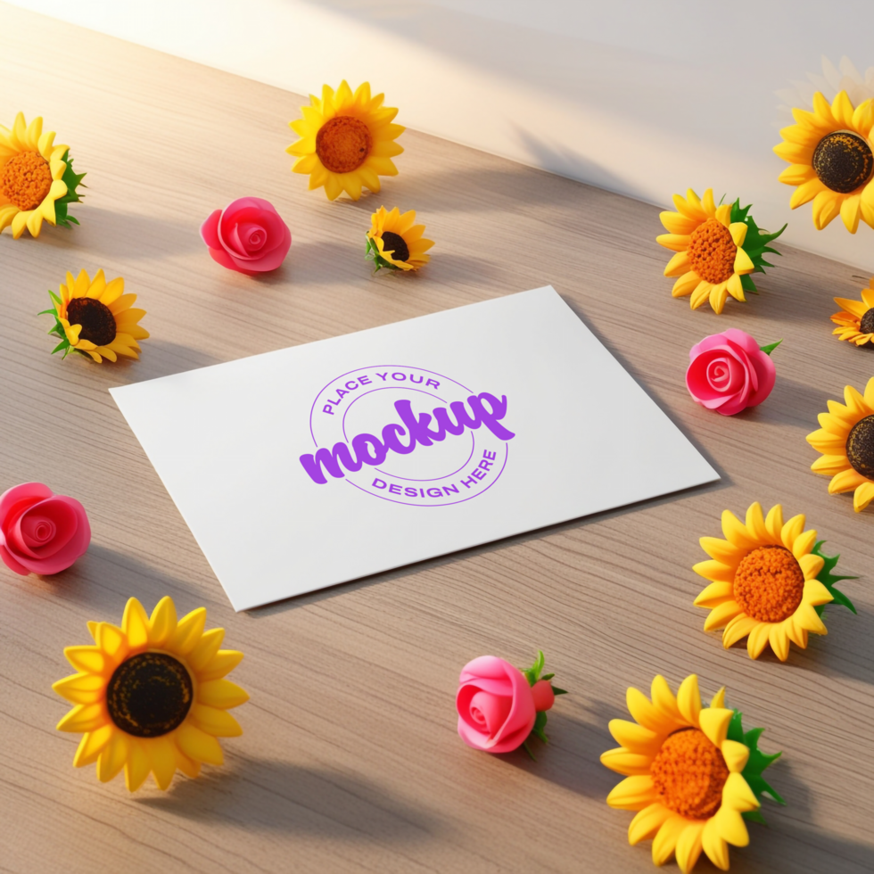 Sunflower mockup with flowers on a wooden table psd