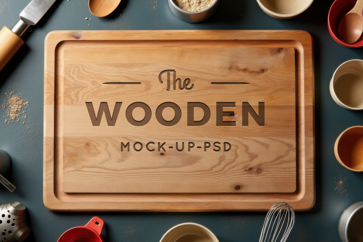 Mockup wooden cutting board with cooking utensils psd