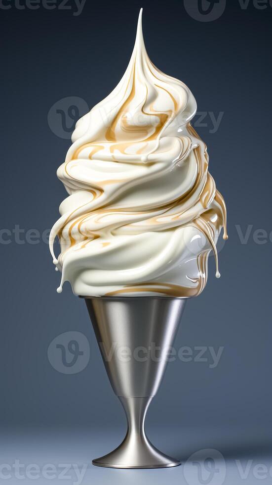 Ice cream with caramel topping in a cone on a blue background. Summer concept. photo