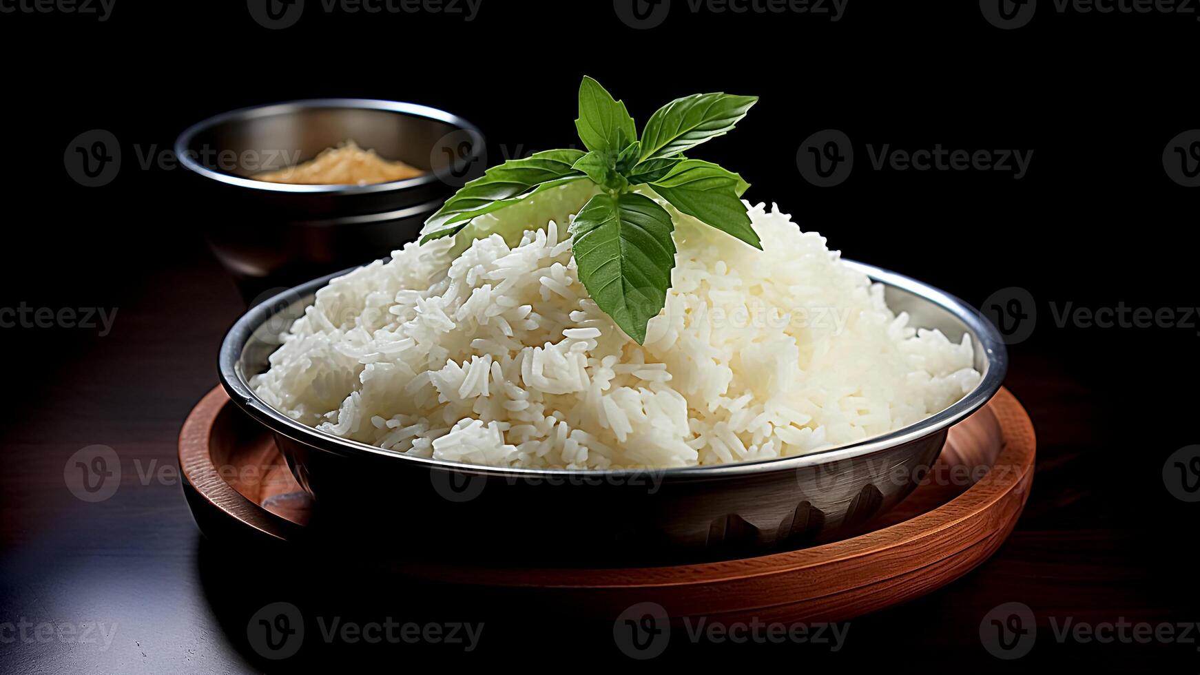 Steamed White Rice Garnished with Green Basil. Fresh and Fluffy, Perfect Side Dish, Culinary Art. photo