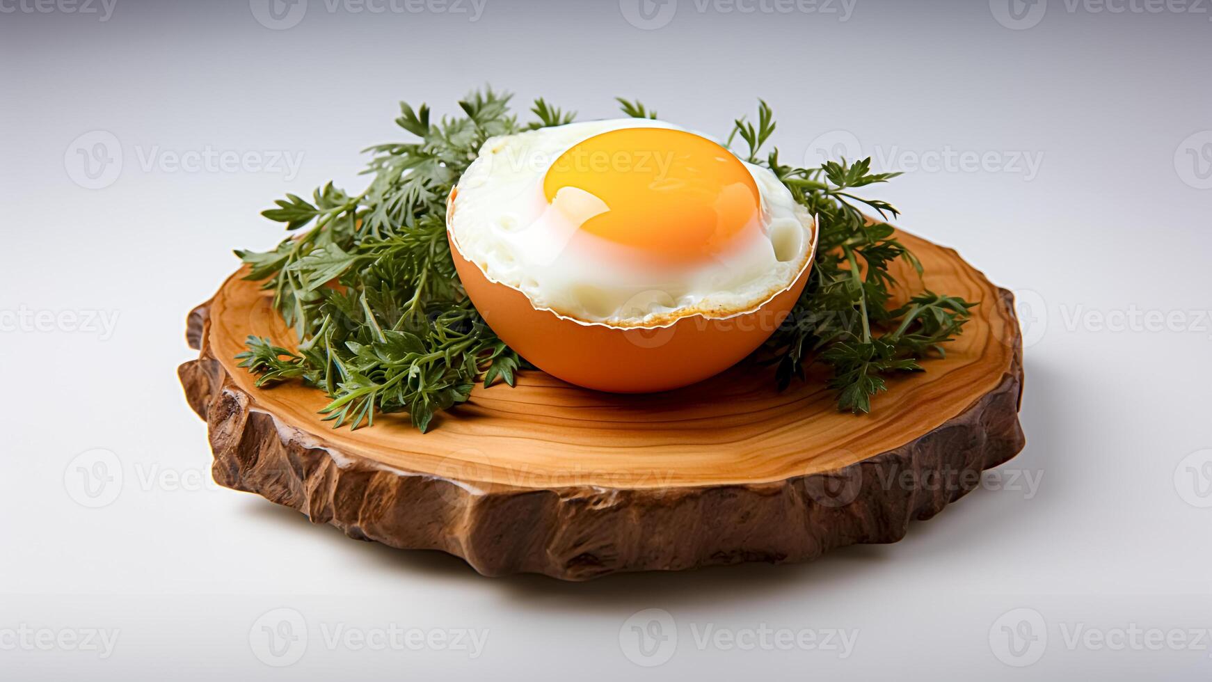 A Fried Egg with Herbs in an Eggshell on a Wooden Board. Healthy Breakfast, Rustic Style. photo