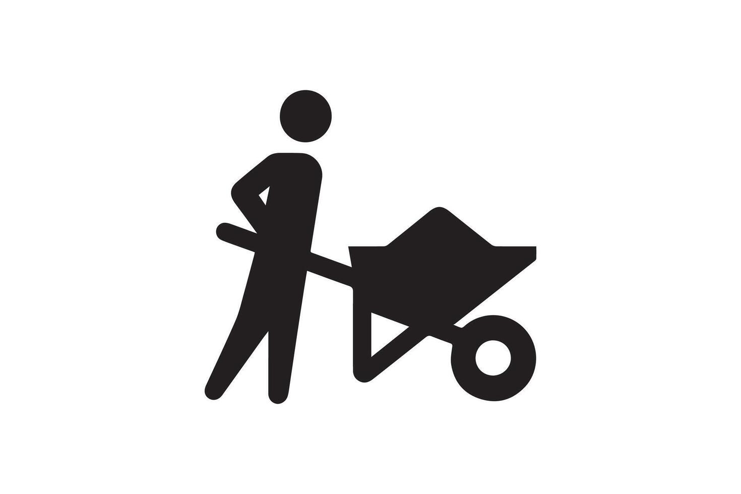 A black and white silhouette of a man pushing a wheelbarrow vector