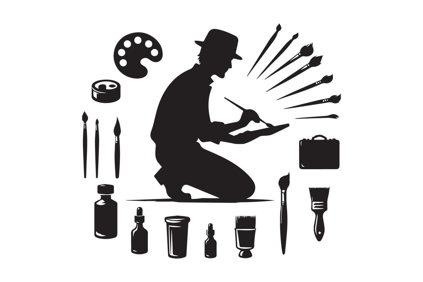 Silhouette of a man with a hat and a paintbrush vector