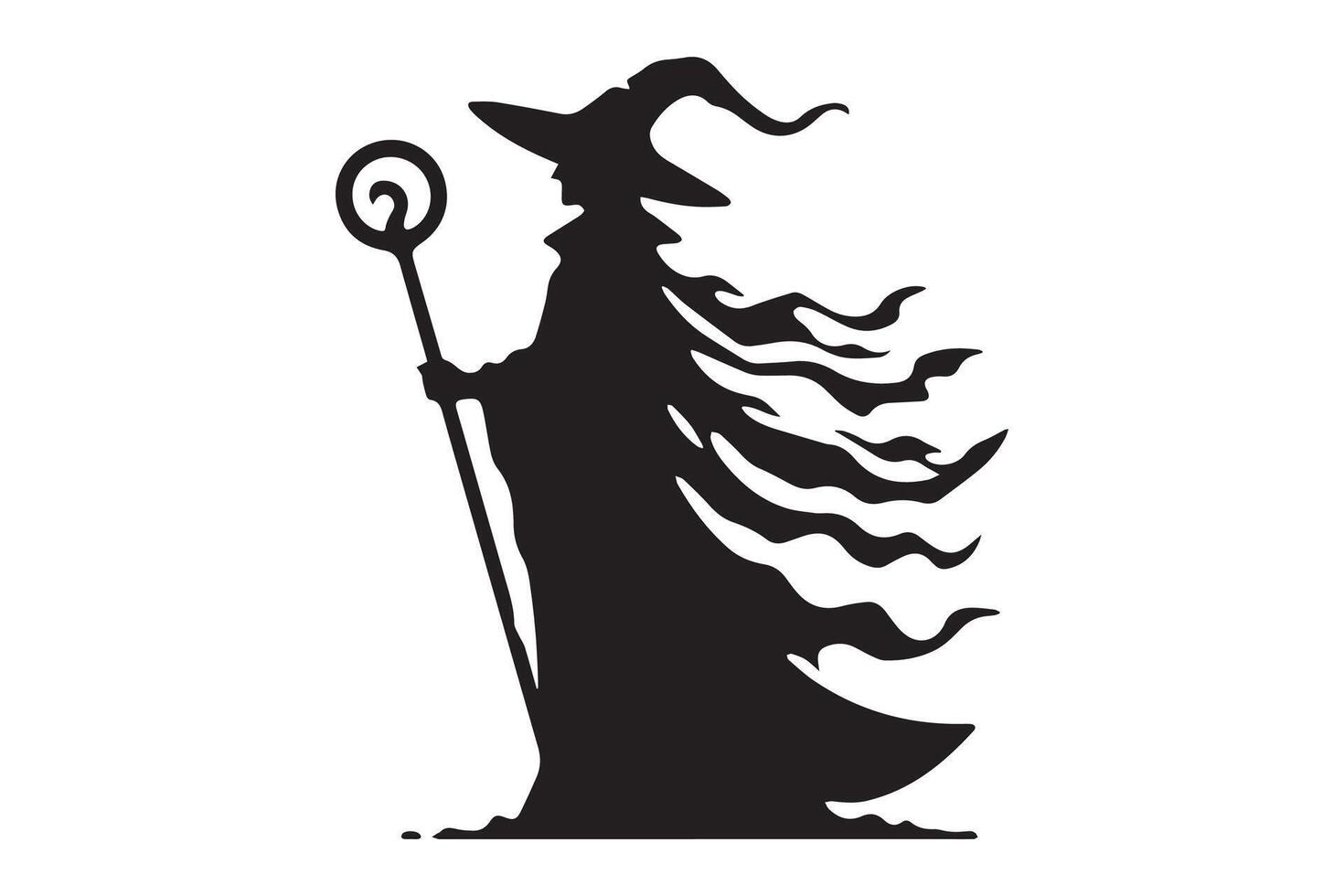 A silhouette of a witch holding a wand vector