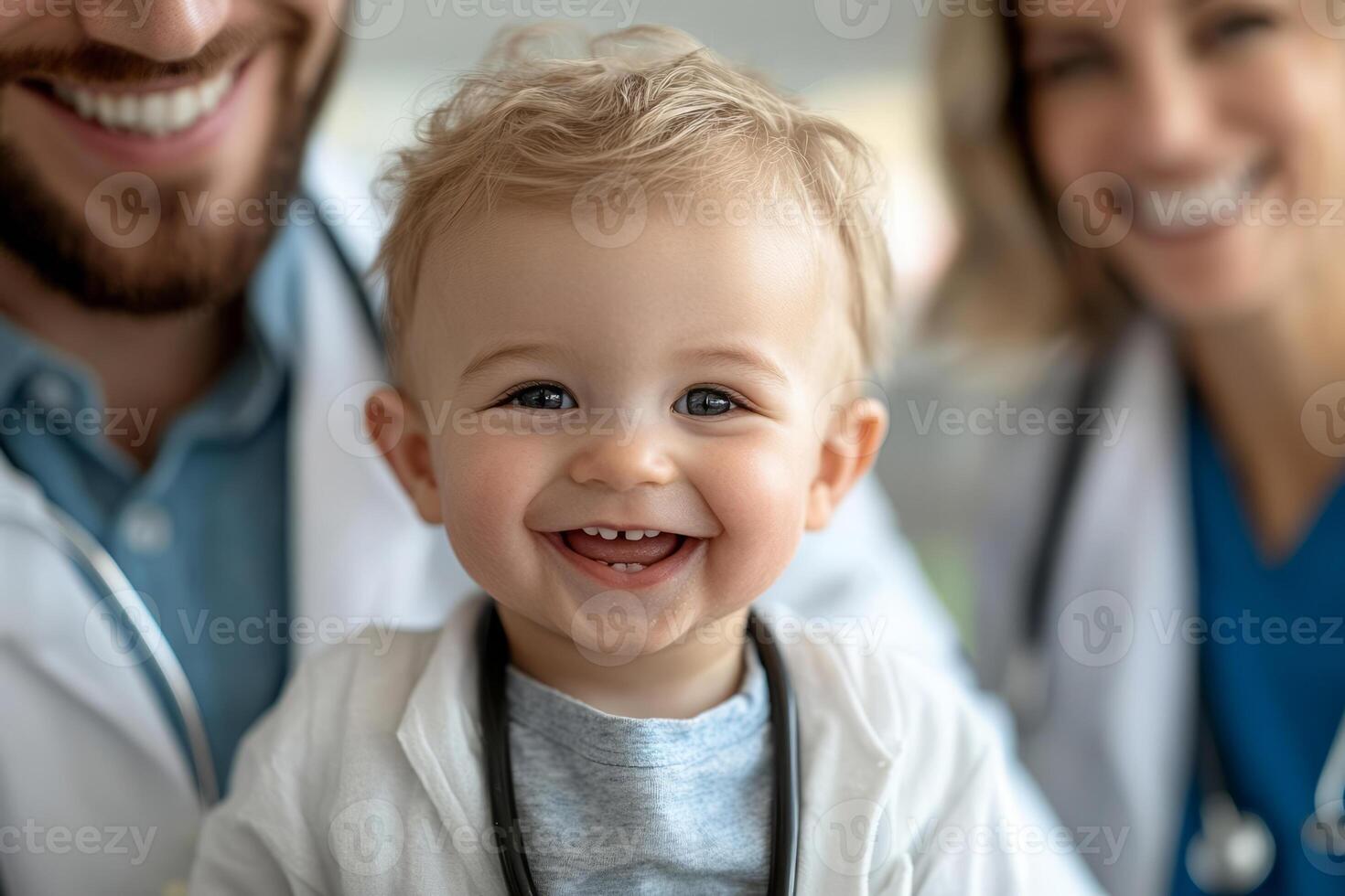 Smiling child sits in a healthcare setting with a friendly doctor photo