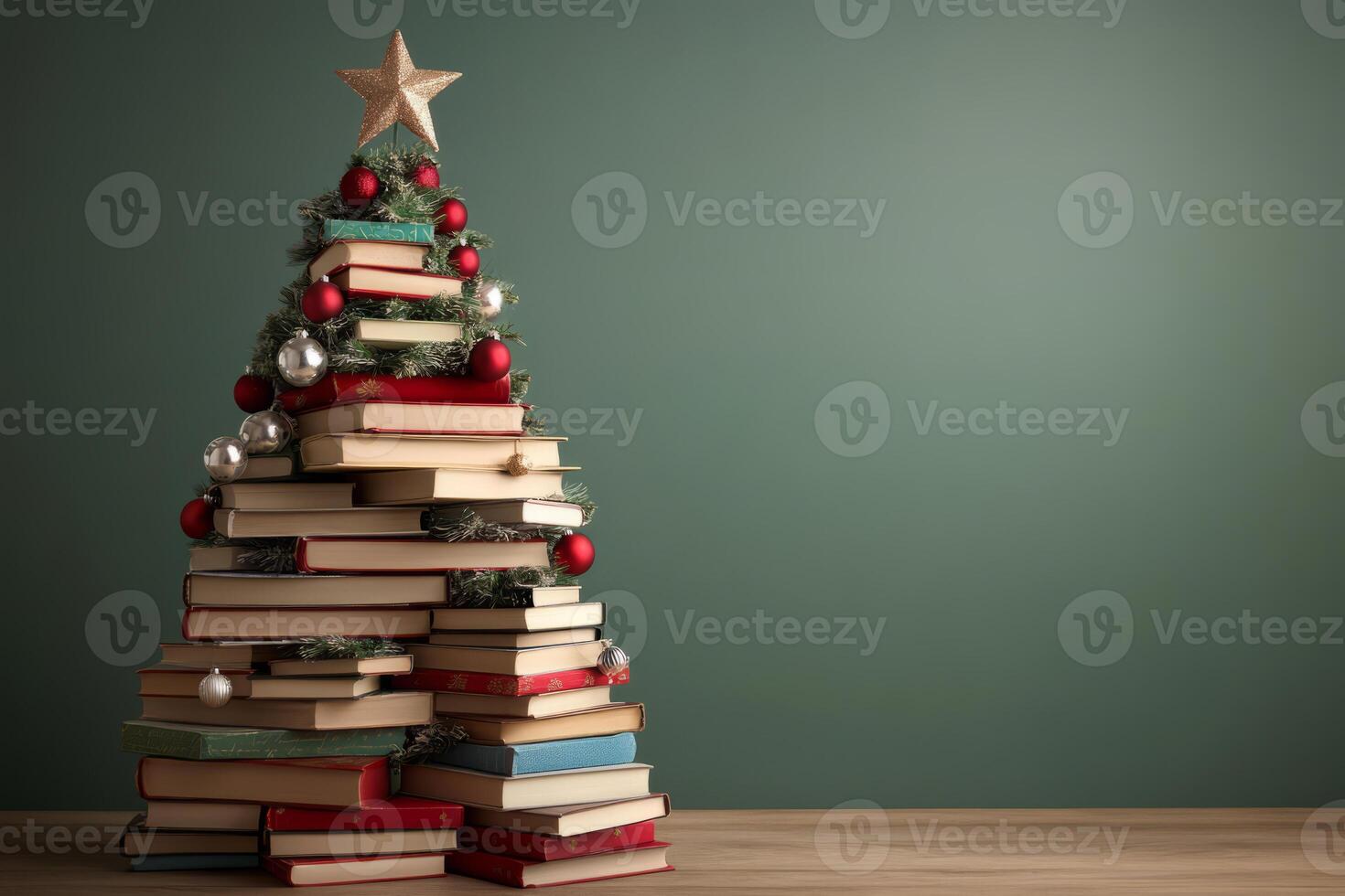 Stack of books arranged like a Christmas tree, topped with a star and ornaments photo