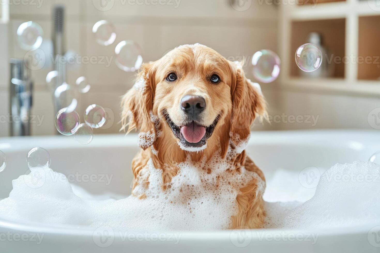 Cheerful dog enjoying a bubble bath, surrounded by soap bubbles photo