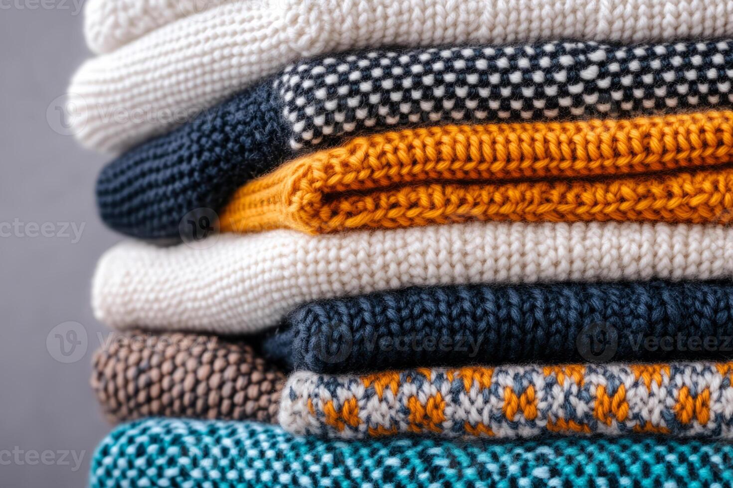 Folded wool sweaters with textured knitting patterns in various colors photo