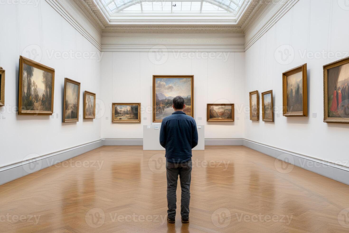 Man stands alone in an art gallery, contemplating framed paintings photo