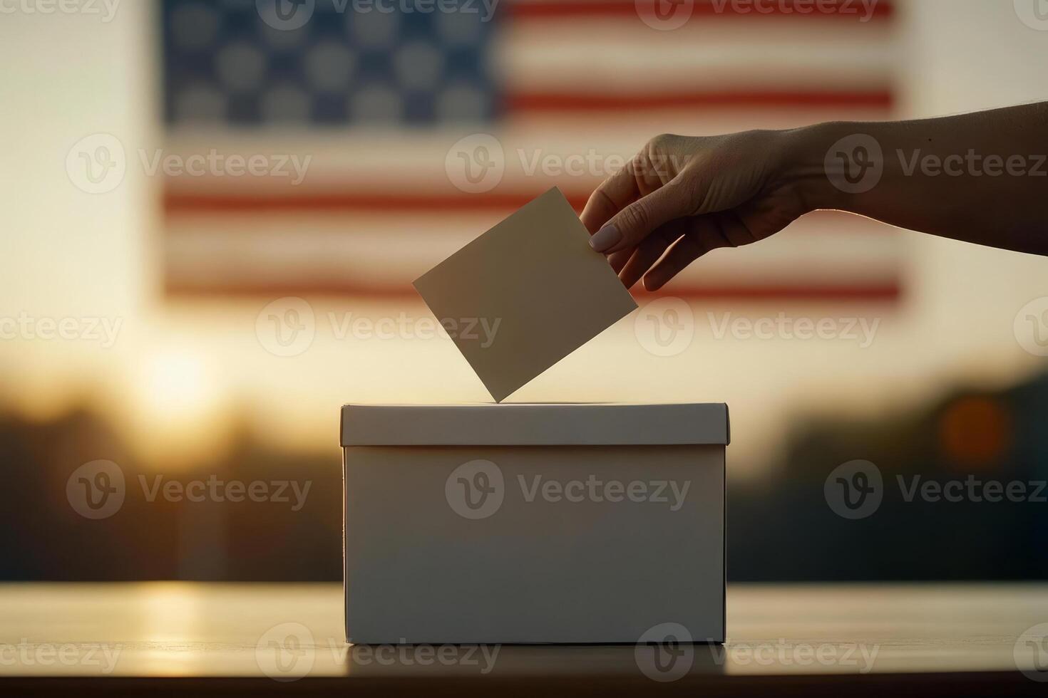 Hand places voting card into a ballot box with the USA flag in the background photo