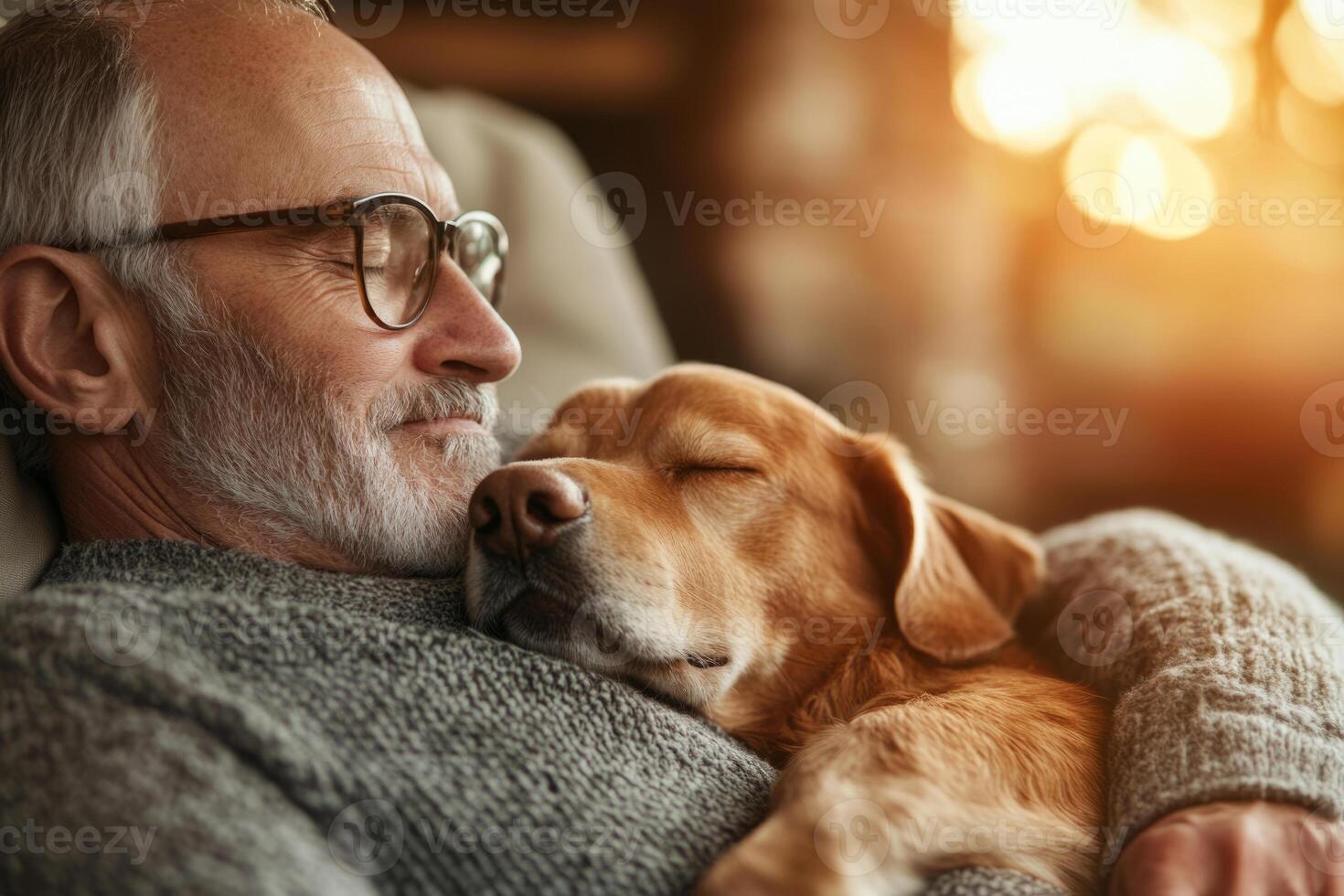 Man relaxing by a cozy fireplace with a sleeping dog photo