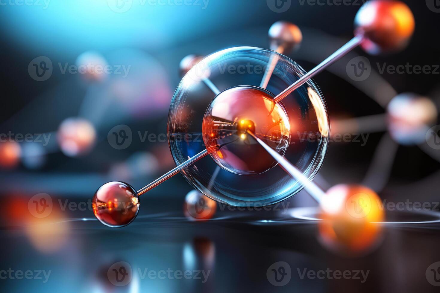 Atom with glowing electrons orbiting the nucleus. Atomic structure and scientific concepts photo