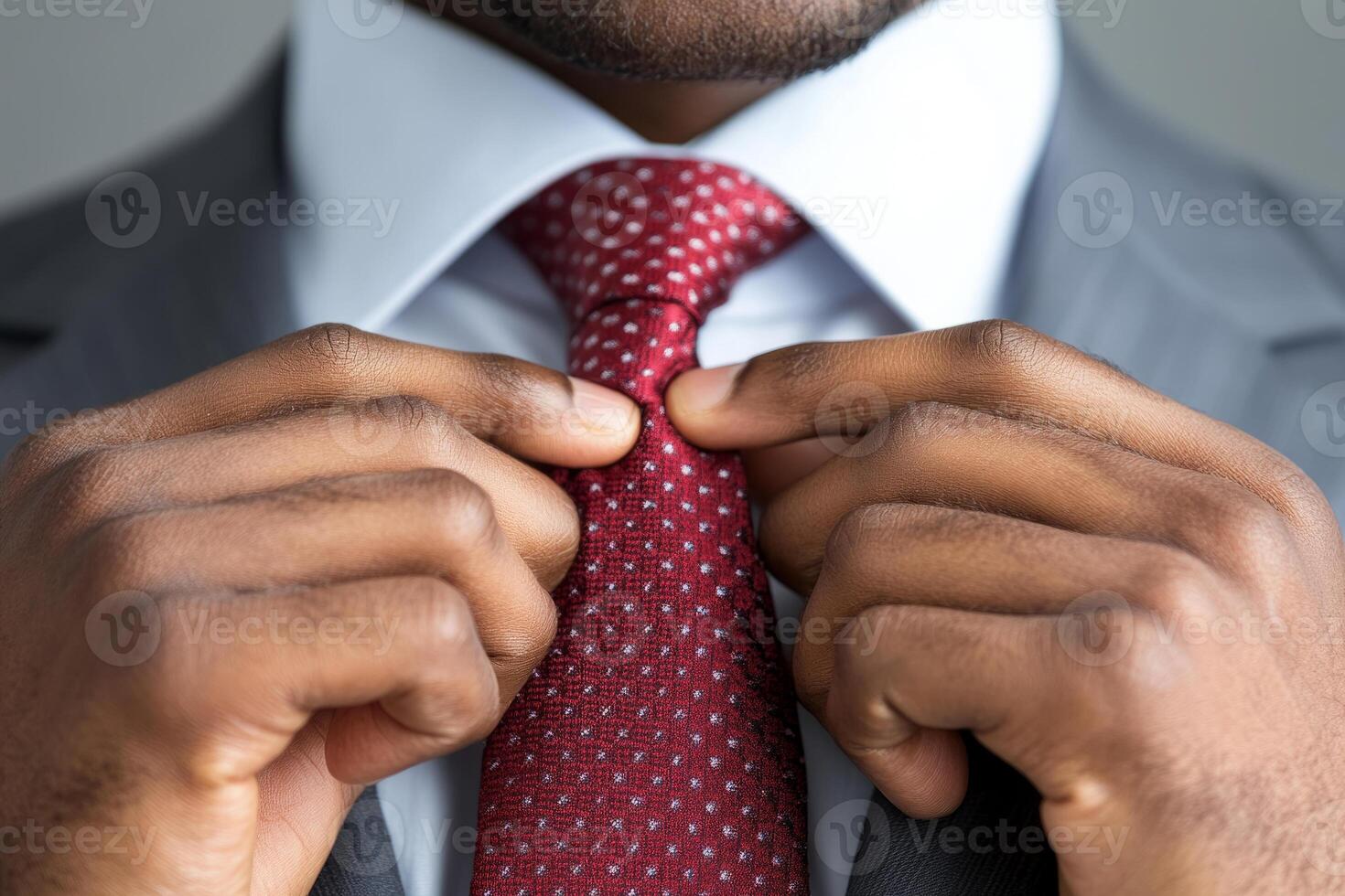 Businessman adjusting his tie while wearing a formal suit photo