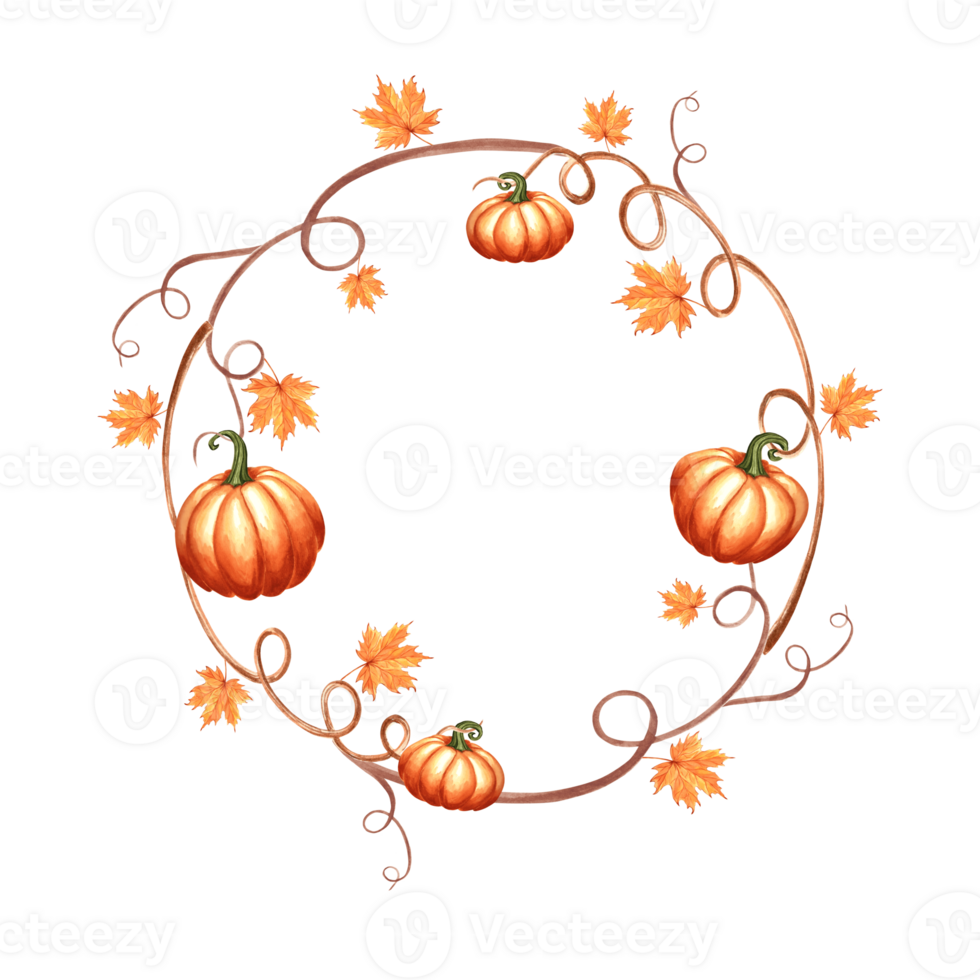 Autumn pumpkins with maple leaves and twigs in wreath. Fall frame round for Harvest or Halloween. Hand drawn watercolor illustration isolated. Template with copy space for card, Thanksgiving, print. png